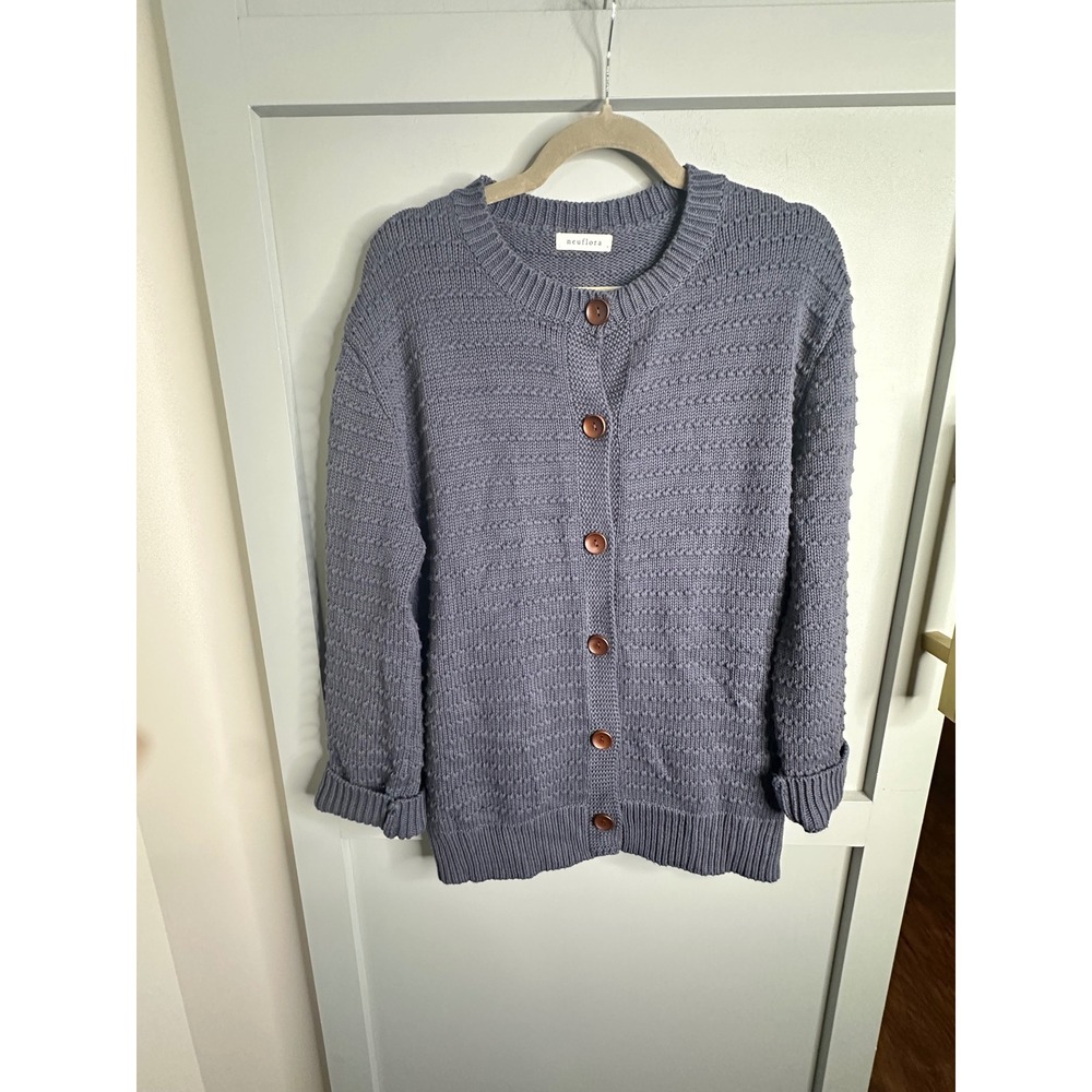 Neuflora Women Blue Cotton Textured Knit Button Front Cardigan Sweater S